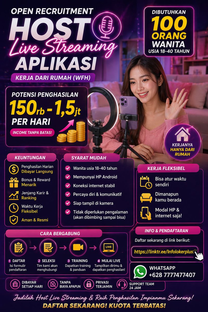 BioEntertaine's tweet photo. Capek kerja keluar rumah tapi hasil segitu-gitu aja? Sekarang cukup dari rumah, bisa hasilin 150rb–1,5jt cuma dari HP. Selengkapnya cek link di bio🔗 #hostlive #job #loker #lowongan #karir #wfh #streaming #aplikasi #trend  #lowongankerja #infocuan  #host #entertainment https://t.co/ejkSluzk5b