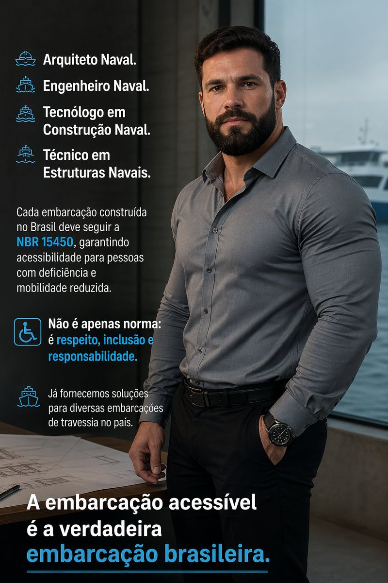 Atenção à acessibilidade ⚓
Arquiteto Naval. Engenheiro Naval. Tecnólogo em Construção Naval. Técnico em Estruturas Navais.
Toda embarcação no Brasil deve seguir a NBR 15450, garantindo acesso para pessoas com deficiência e idosos.
#embarcações #naval #engenharianaval #marinha
