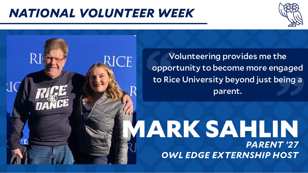 ricealumni's tweet photo. Mark Sahlin (Parent ’27) discovered a new passion through volunteering at Rice. By participating in the Owl Edge Externship program, he connects with students while sharing his own experience and gaining new perspectives in return. https://t.co/coWE7t8M6Z https://t.co/CONyPcIZfl