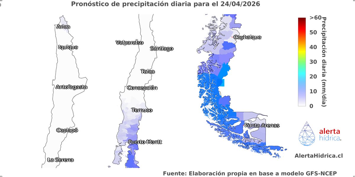 #Pronóstico de precipitación 🌧 para el 24 de abril👇

📊 Revisa la actualización del pronóstico cerca de tu localidad en 👉 explora.alertahidrica.cl/#/pronostico-m…
