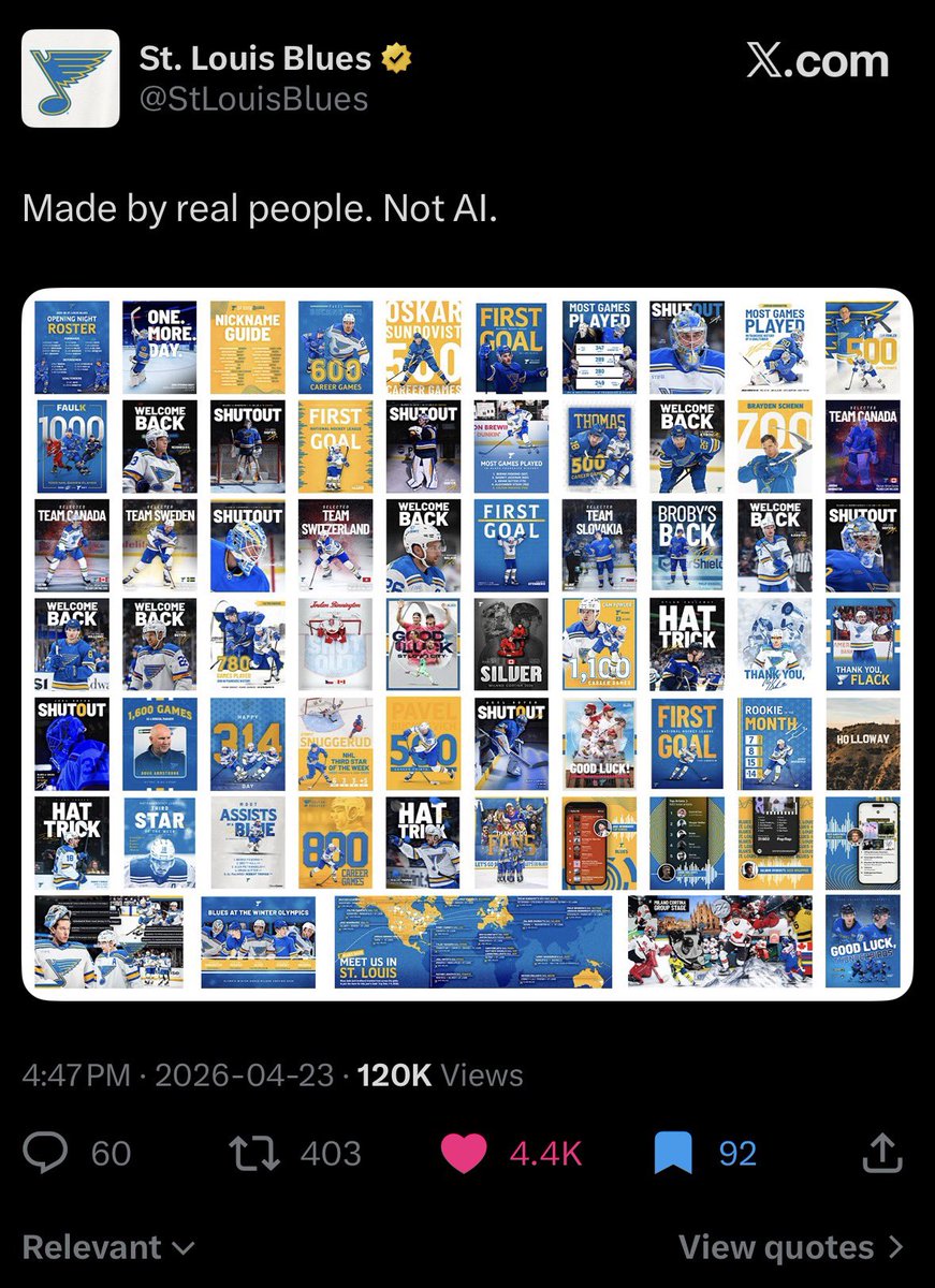 mattstasoff's tweet photo. sports brands pushing back against AI

how quickly it went from:
“Here’s our BTS, a human made this”
to:
“AI is the enemy” https://t.co/YBw491171p