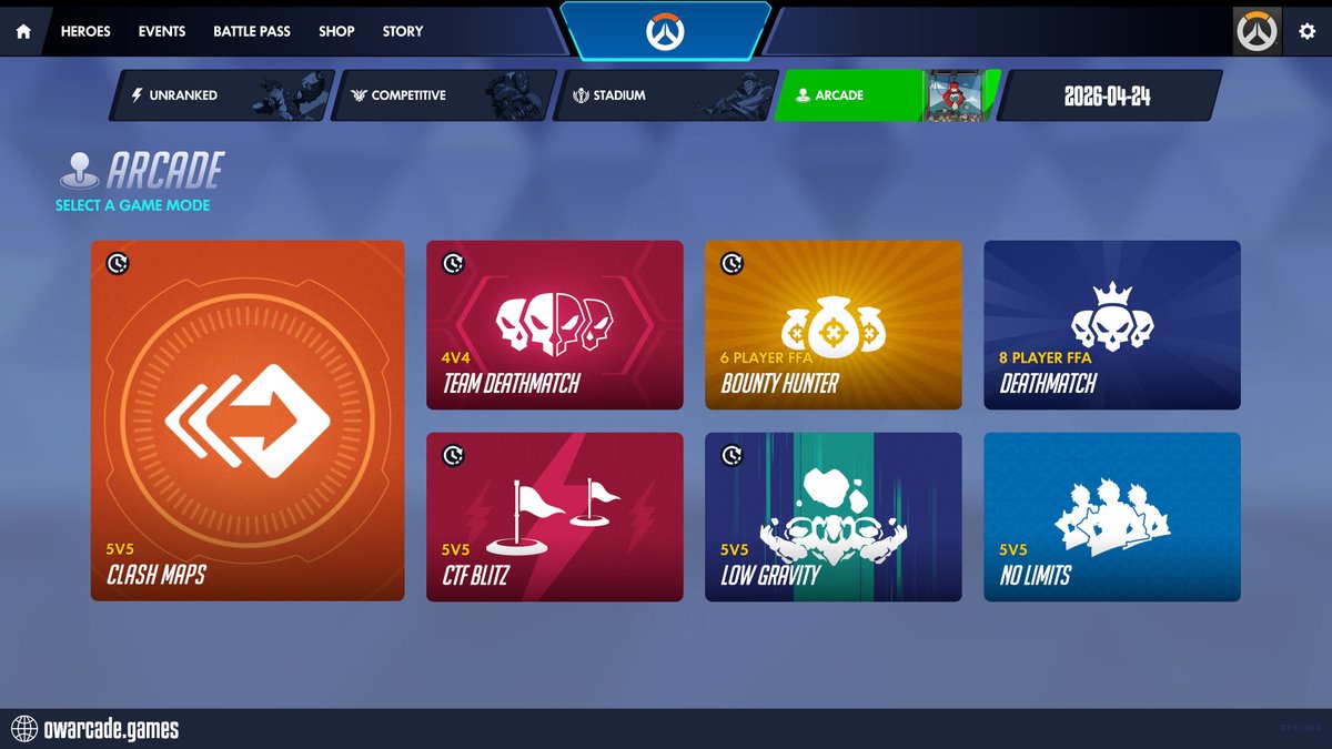owarcadegames's tweet image. Today in Overwatch Arcade - 2026-04-24

⭐ CLASH MAPS
TEAM DEATHMATCH / CTF BLITZ
BOUNTY HUNTER / LOW GRAVITY
DEATHMATCH / NO LIMITS

#overwatch #overwatcharcade