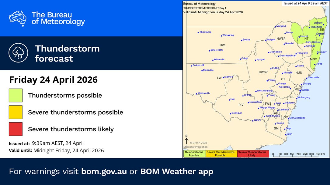 BOM_NSW's tweet image. ⛈️ Today's thunderstorm forecast for #NSW (24/04)  

Chance of thunderstorms about the northern half of the coast, and northern ranges/slopes. 

Thunderstorms are not expected to be severe but may lead to light to moderate rainfall totals.