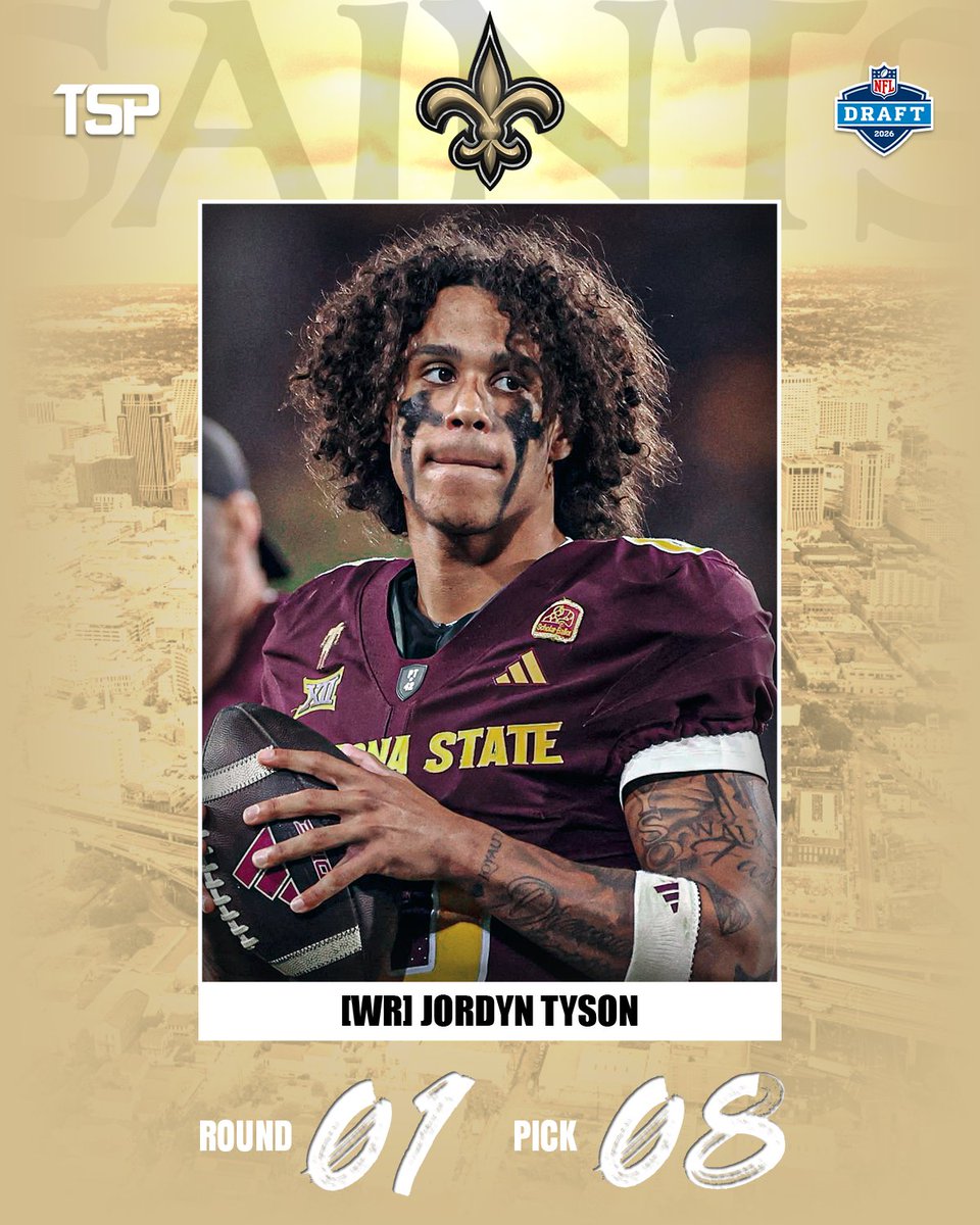 AryePulliNFL's tweet photo. Pick No. 8: #Saints select Arizona State WR Jordyn Tyson.

Tyler Shough gets his weapon. https://t.co/dmGQbLpMzp