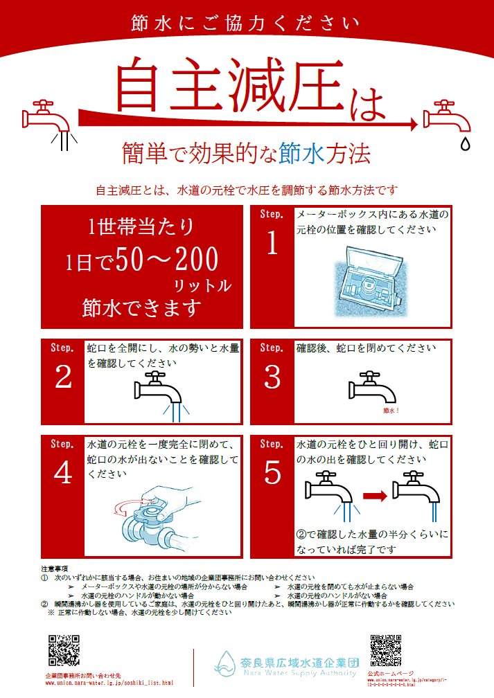 nara_NWSA's tweet photo. 節水へのご理解・ご協力ありがとうございます。
農業用水の確保が本格化します。水道の元栓で水圧を調整する「自主減圧」など、無理のな��範囲で引き続きご協力をお願いします。
※ポスターは関東地方整備局様よりデザインをお借りしました。ご快諾ありがとうございます。
https://t.co/usledR6j9v https://t.co/xs5ADHqstL