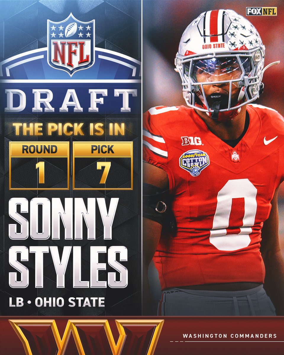 NFLonFOX's tweet photo. The @Commanders are taking @OhioStateFB LB Sonny Styles with the 7th overall pick! 👏 https://t.co/D8o0HqeKY7
