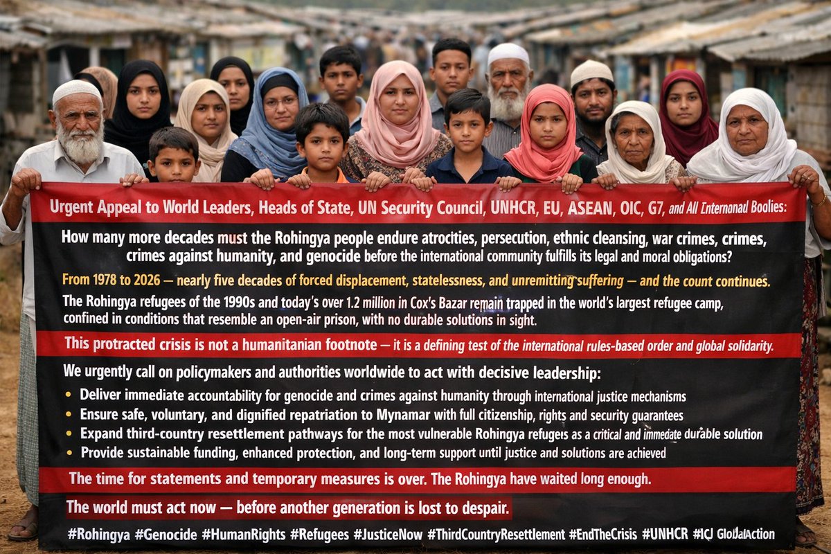 RRANforRohingya's tweet photo. Aid cuts, hunger, no education or livelihoods, and no durable solutions are pushing them toward deadly journeys.
This is not a choiceโitโs desperation born of injustice. #DurableSolution #RefugeeRights #HumanRights #Equality https://t.co/rqIqib8SLr