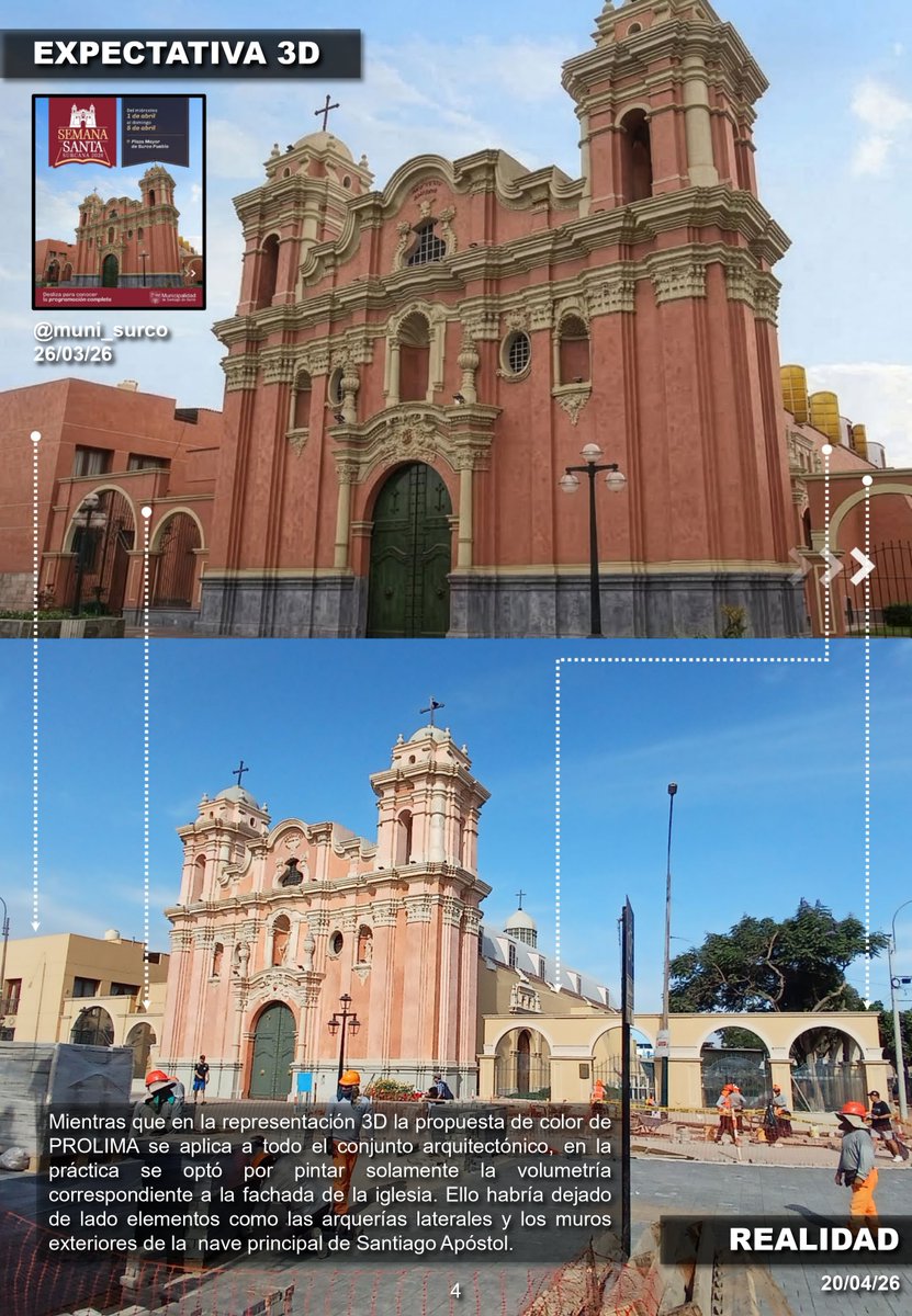 el_residente's tweet photo. El renovado pintado de la fachada de la iglesia Santiago Apóstol de Surco presentaría algunos problemas a menos de un mes de su inauguración. Se trataría de un proyecto formulado por la @munisurco1 y su alcalde @Carlos_Bruce , el cual tuvo como ente técnico supervisor a #PROLIMA. https://t.co/NnalN4cr0U