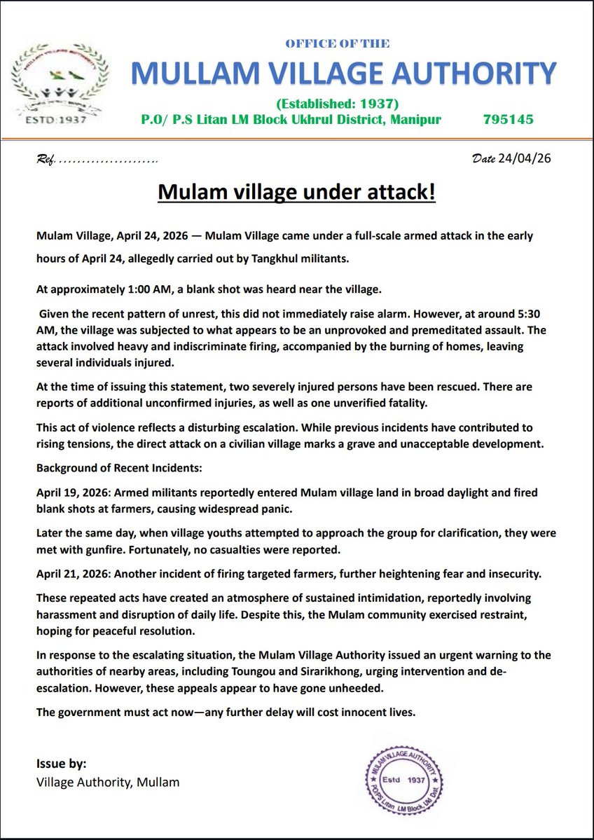 Mulam Village is under attack by Tangkhul militants. Arson, indiscriminate firing, and loss of lives are intolerable. The state’s failure is condemnable. We urge authorities to act immediately to ensure the safety and security of the Kuki community. #tangkhulmilitants