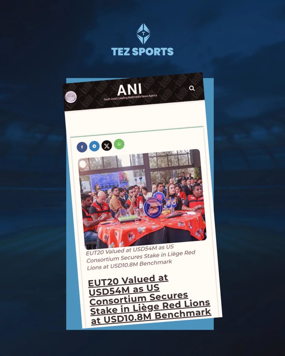 TEZSPORTSGLOBAL's tweet photo. Big Moves!🏏
​The European T20 (#EUT20) league is making waves as
its valuation soars to a massive USD 54 Million! 📈

​In a landmark deal, a US-based consortium has
secured a strategic stake in the Liège Red Lions,
valuing the team at a USD 10.8 Million benchmark!
#TezSports https://t.co/fK226GiJ3I