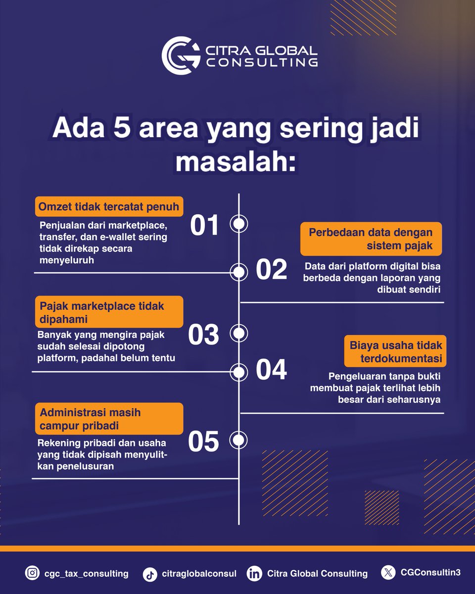 CGConsulting3's tweet photo. Banyak temuan pajak muncul bukan karena sengaja, tapi karena kelalaian di area krusial seperti bukti potong hingga sinkronisasi data omzet. Jangan tunggu diaudit, cek 5 titik rawan ini sekarang agar bisnismu tetap aman dan tenang!📈🚀

#PajakIndonesia #TipsBisnis #CGC #AuditPajak https://t.co/7FkqOXLIKE