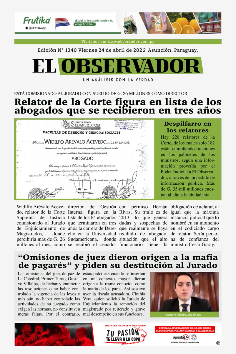 ¡Buenos días!

✅Compartimos con ustedes nuestra tapa🗞️

🌦️Cálido, cielo mayormente nublado, vientos del sur. Lluvias dispersas.

🌡️Max: 27°

📌Podes leernos en: observador.com.py