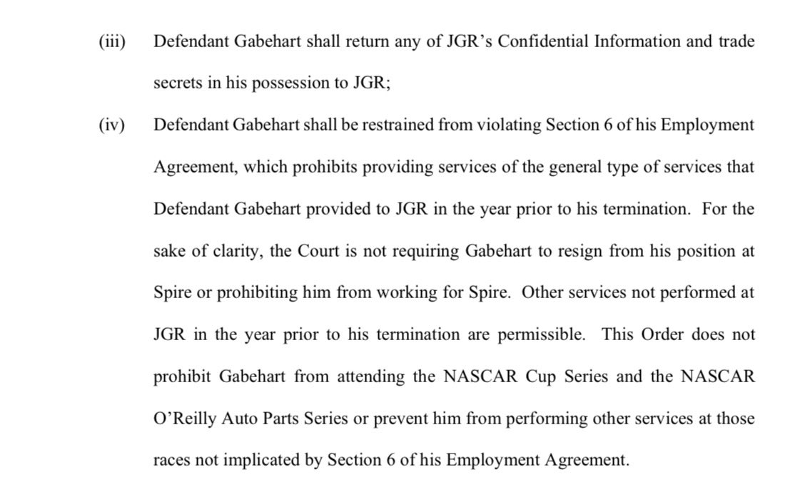 bobpockrass's tweet image. Preliminary injunction sought by JGR is granted by judge with similar restrictions of Gabehart but a little more clarity stating that he can attend races, just not perform duties he had at JGR in 2025. No injunction against Spire. Summary: