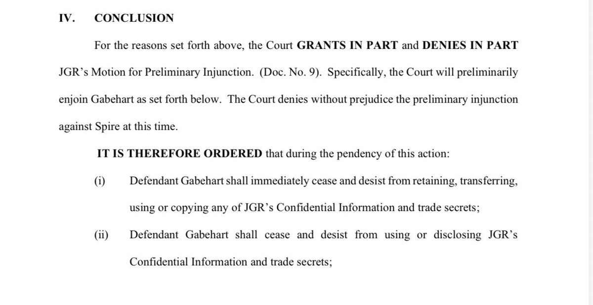 bobpockrass's tweet image. Preliminary injunction sought by JGR is granted by judge with similar restrictions of Gabehart but a little more clarity stating that he can attend races, just not perform duties he had at JGR in 2025. No injunction against Spire. Summary: