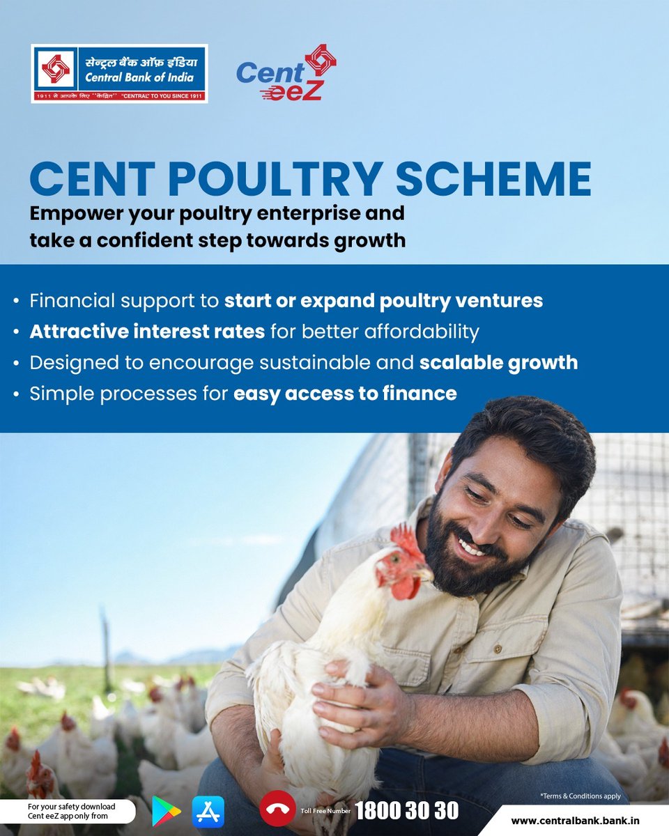 centralbank_in's tweet photo. Scale your poultry business with Cent Poultry Scheme—flexible funding, attractive rates & support for sustainable growth.
#CentPoultryScheme #CentralBankOfIndia #AgriFinance #MSMESupport #CentralToYouSince1911 https://t.co/VJyu3fyTCo