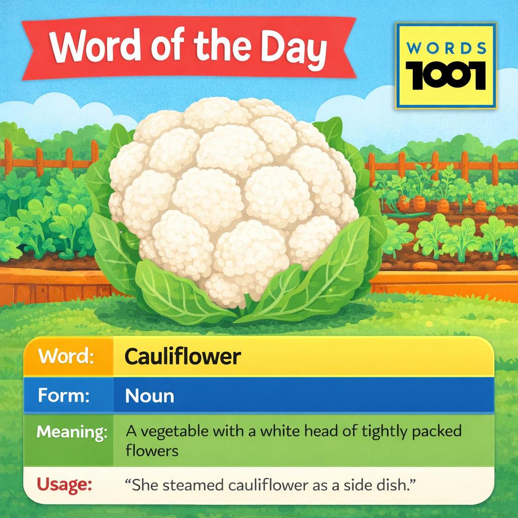 IndiaSpelling's tweet image. Word of the Day: CAULIFLOWER
A vegetable with a large white edible head.  
“She steamed cauliflower as a side dish.”

🥦 Common in many cuisines.

🌟 More 👉 zurl.co/VAjEl?utm_sour…

#WordOfTheDay #LearnEnglish #Vocabulary #WordPower
