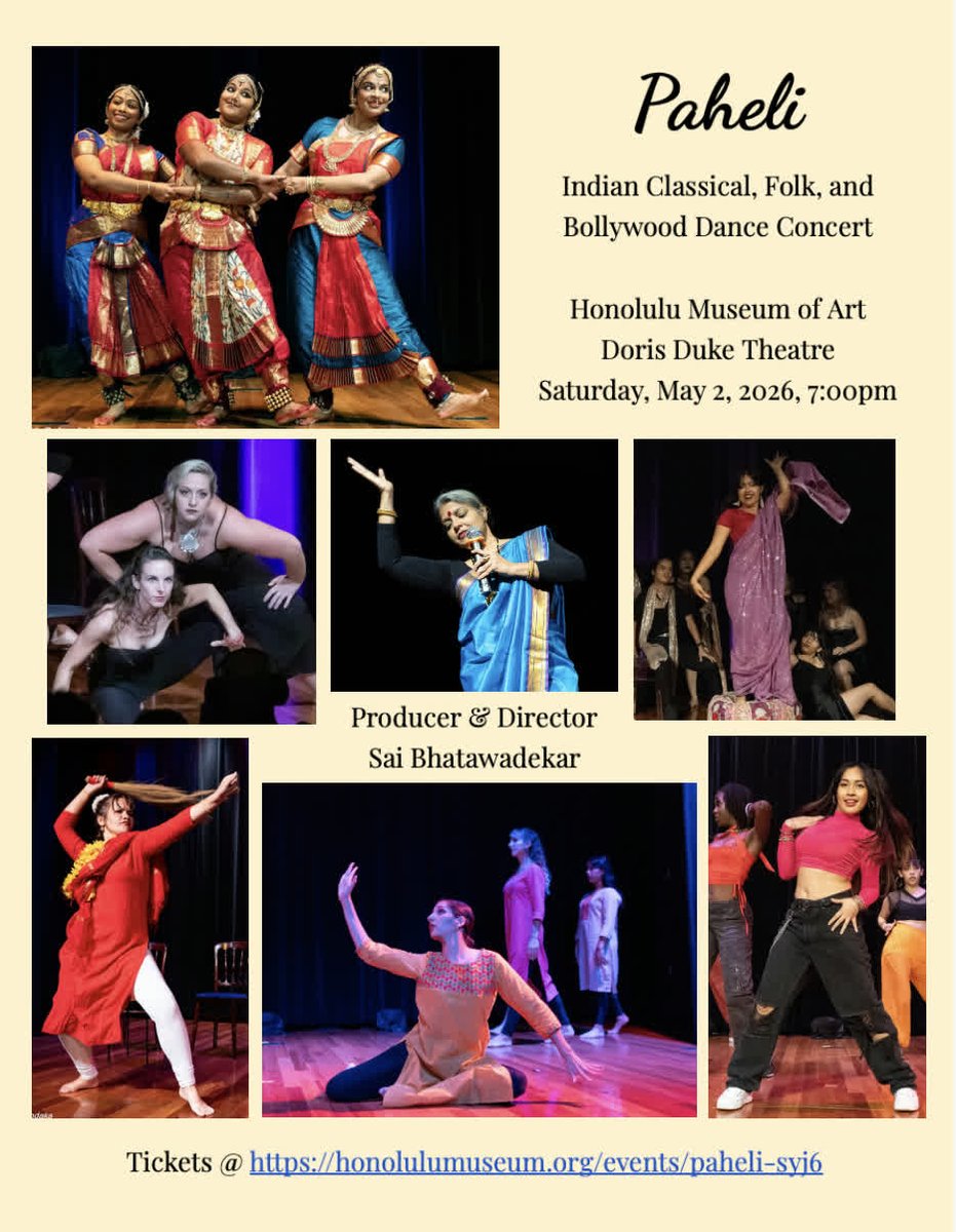 UHCSAS's tweet photo. Pahelī - a vibrant evening of Indian classical, folk, and Bollywood performances, contemporary and fusion pieces, vocals, instrumentals, and much more! 
When: Saturday, May 2nd, 7:00pm
Where: Honolulu Museum of Art's Doris Duke Theatre
Tickets: https://t.co/o31OTYgUZy https://t.co/hdZJgSAa8c