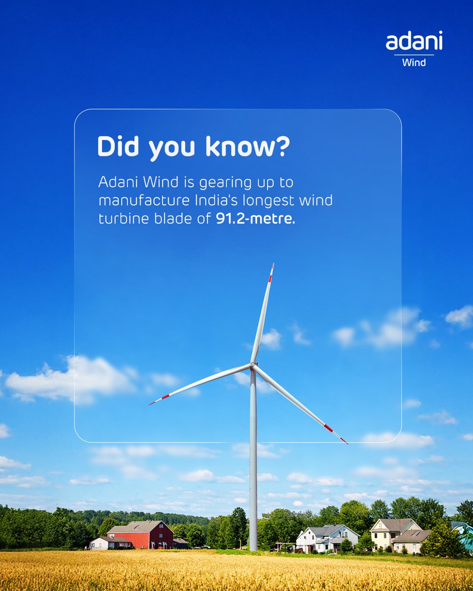 AdaniWind's tweet image. Adani Wind is set to manufacture 91.2-metre wind turbine blades, among the longest in their class, engineered to unlock the full potential of low and medium wind sites across India.

Designed for performance. Built for India.

#AdaniWind #WindEnergy #MakeInIndia