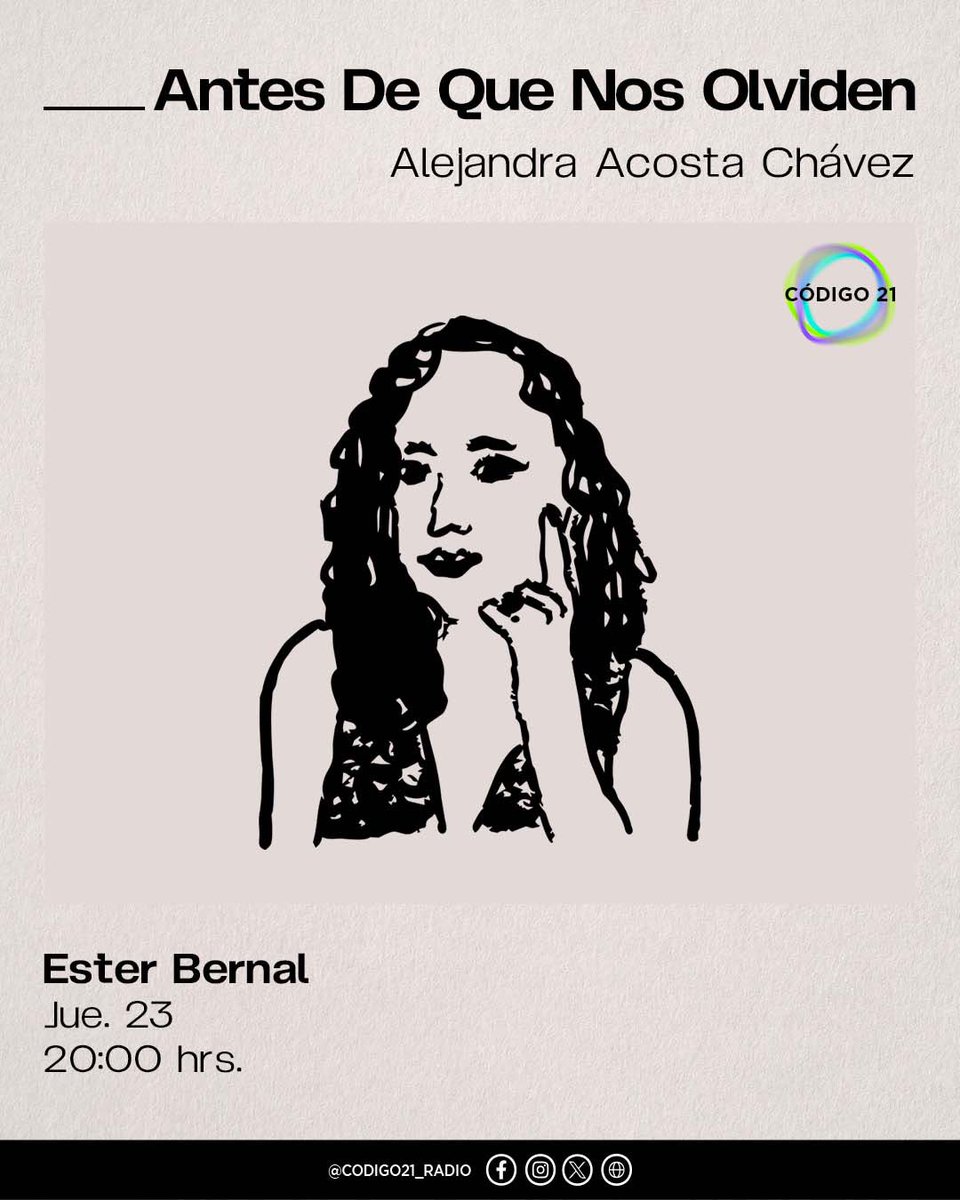 codigo21_radio's tweet photo. 🤩📽️@estersun, una master del mundo cinematográfico te cuenta el proceso detrás de la pantalla. Escúchala con Alejandra Acosta Chávez en #AntesDeQueNosOlviden 🎬💗

🕙 22:00 hrs.
🔗https://t.co/5Xi3ppWOZh | https://t.co/kXMehXYcOx
#LoQueTienesQueEscuchar https://t.co/OekSPyf89Z