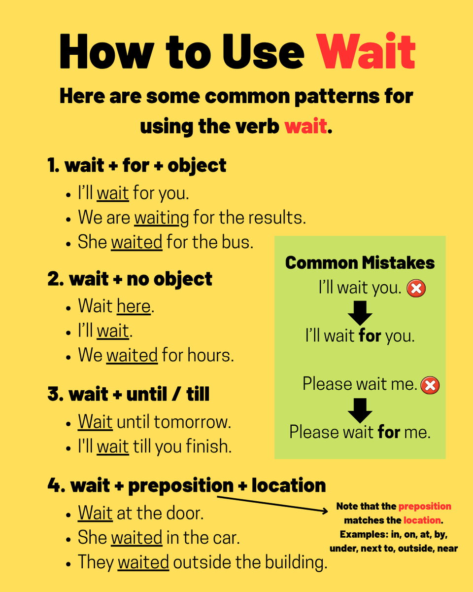 Here's another useful grammar lesson. This one is about the verb "to wait." 

A common mistake among English learners is saying "I'll wait you." This is because we should say "wait + for + someone."