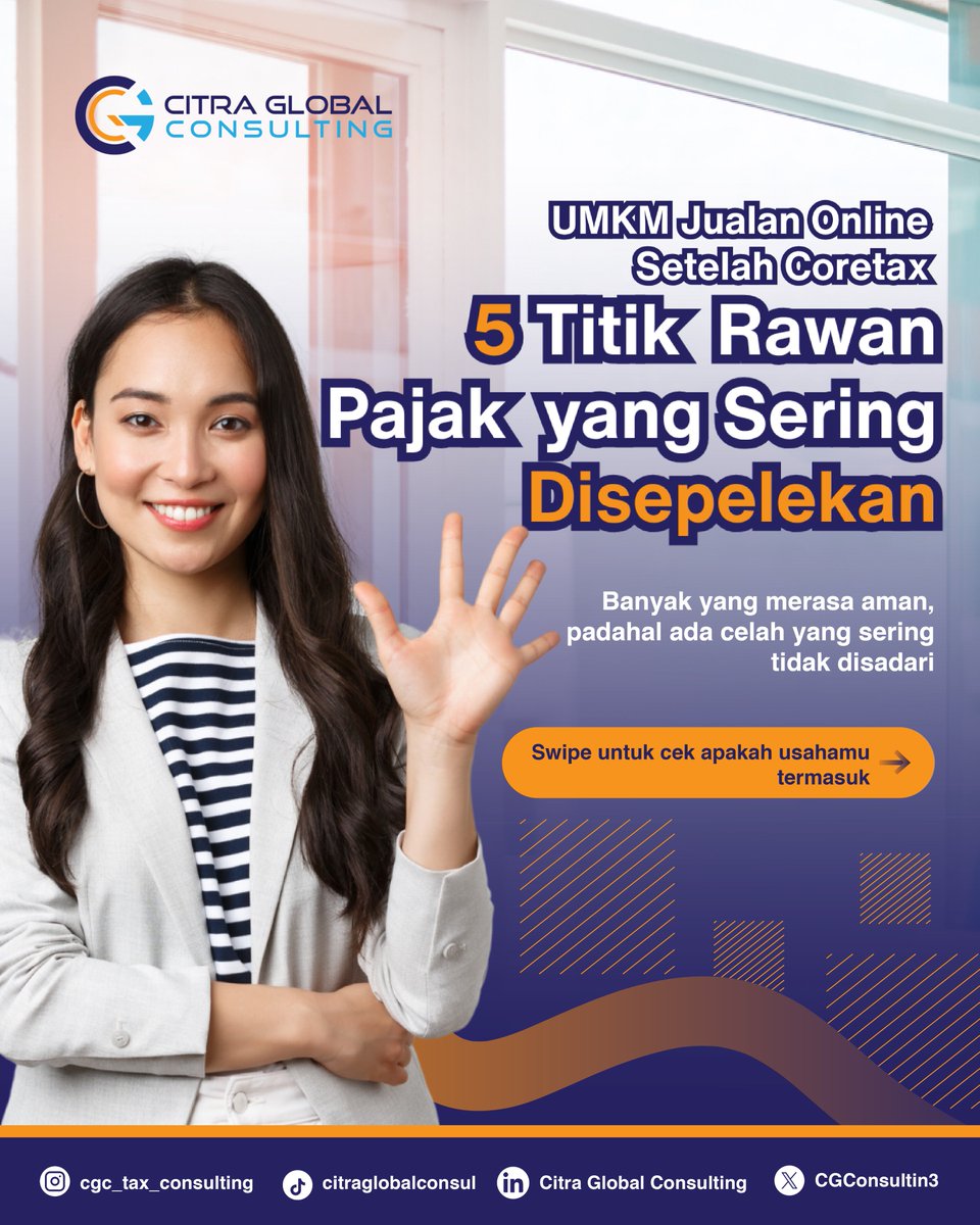 CGConsulting3's tweet photo. Banyak temuan pajak muncul bukan karena sengaja, tapi karena kelalaian di area krusial seperti bukti potong hingga sinkronisasi data omzet. Jangan tunggu diaudit, cek 5 titik rawan ini sekarang agar bisnismu tetap aman dan tenang!📈🚀

#PajakIndonesia #TipsBisnis #CGC #AuditPajak https://t.co/7FkqOXLIKE