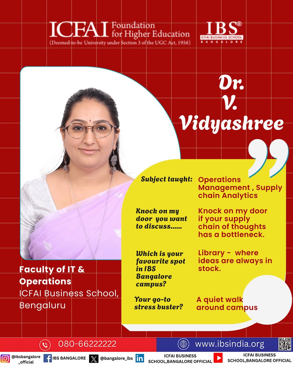 bangalore_ibs's tweet image. Meet Dr. V. Vidyashree ⚙️📊

An expert in Operations &amp;amp; Supply Chain, she helps students decode real systems, spot bottlenecks &amp;amp; make smart decisions. Her sessions turn concepts into practical problem-solving beyond textbooks.

#FacultySpotlight #IBSBangalore #AcademicExcellence