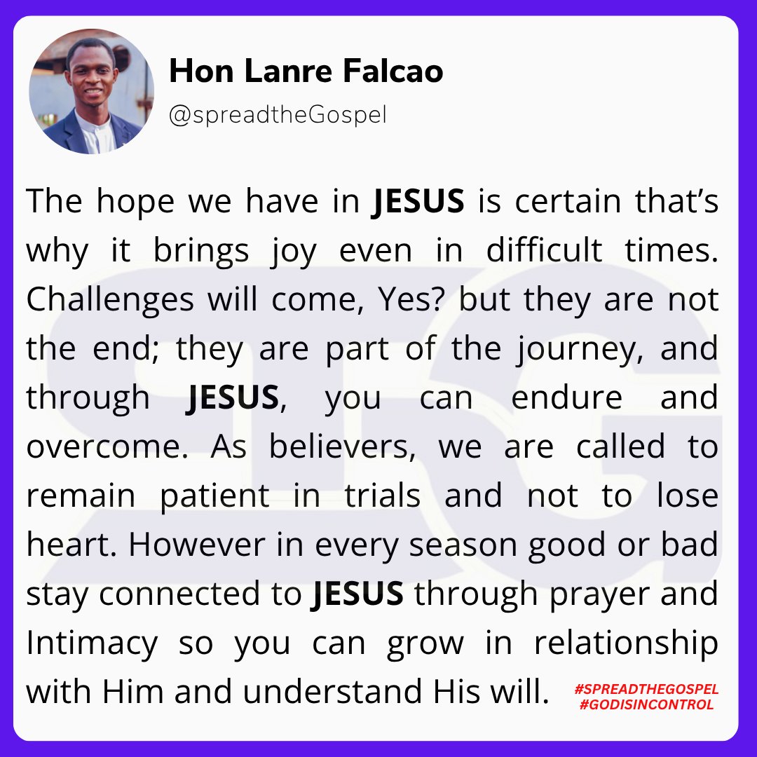 iamhonfalcao's tweet image. Don't feel ignorance of the person of JESUS, beloved turn to Him, hold on to His hope, stay strong in trials, and remain faithful in prayer the he will reveal His Will. 
Have a blessed Weekend ❤️

#spreadthegospel
#Godisincontrol