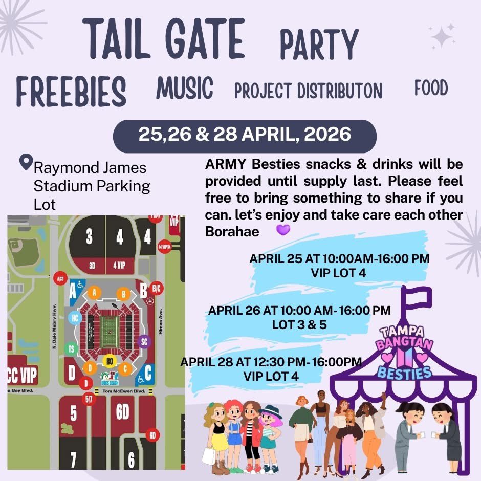 TAILGATE PARTY FOR BTS ARMY In Tampa 🎊 Please R/T - Share!
April 25th, 26th, and 28th
credits to: <a href="/del_rosari20/">Leah Del Rosario</a> 🥰👍🏼💟
#BTS_WorldTour_ARIRANG_Tampa
See Below For More Info 👇🏽👇🏻👇🏿