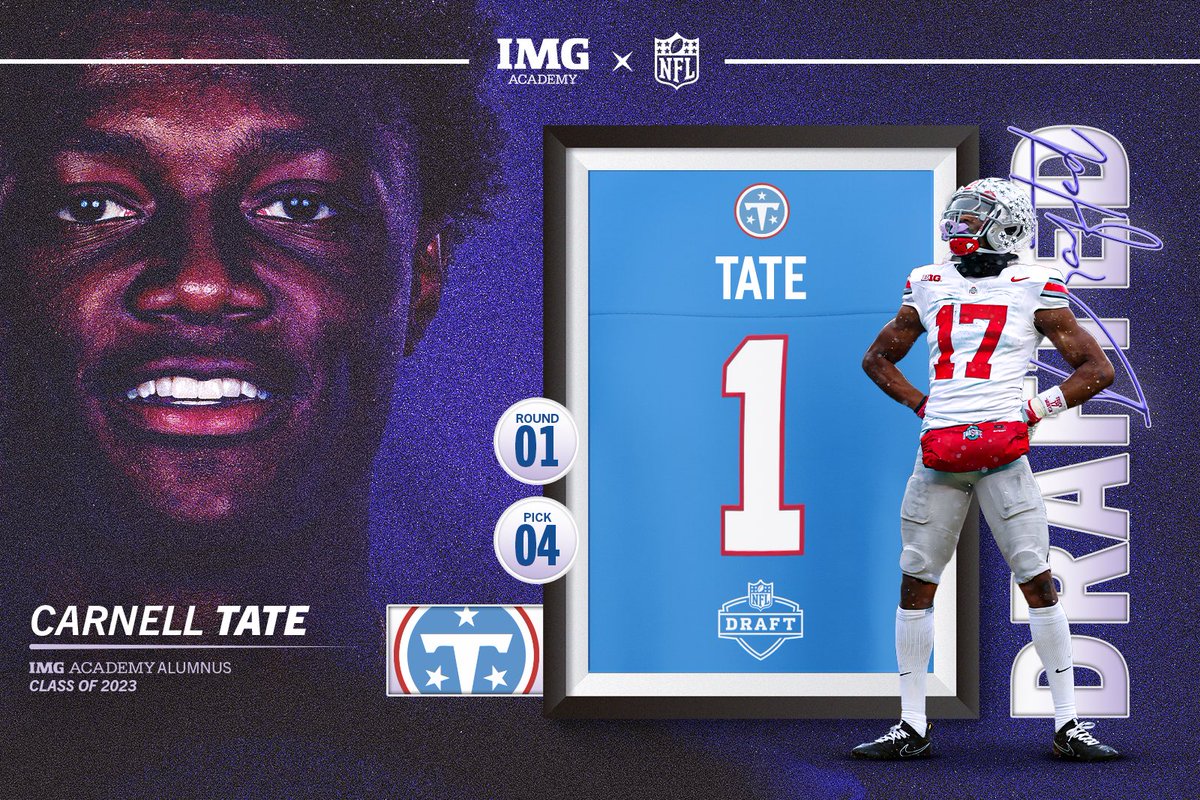 IMGAFootball's tweet photo. THE PICK IS IN‼️ TITAN UP ⚔️
 
@carnelltate ➡️ @Titans 
 
Carnell Tate’s selection: 🔵 Highest-drafted IMG Academy Football alumnus in program history 🔵 Seventh consecutive year with a first-round draft pick
 
#NFLDraft | #Brotherhood | #TitanUp https://t.co/igc95ooWBQ