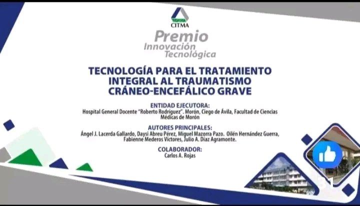Se le otorga en el día de hoy al Dr. Angel Jesus Lacerda Gallardo del Hospital Roberto Rodríguez de #Moron elpremio por la INNOVACIÓN, por su trabajo Tecnología  para el tratamiento integrado al Traumatismo Cráneo-Encefálico Grave.
#CubaPorLaVida