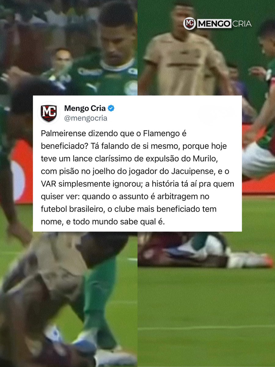“Palmeirense dizendo que o Flamengo é beneficiado? Tá falando de si mesmo.

Hoje teve um lance claro de expulsão do Murilo, pisão no joelho do jogador do Jacuipense, e o VAR simplesmente ignorou.

A história tá aí pra quem quiser ver: quando o assunto é arbitragem no futebol