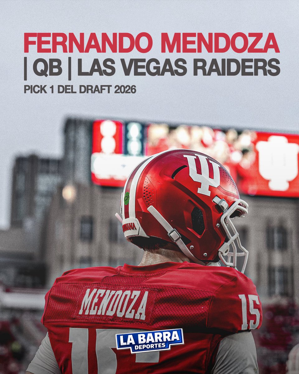 LaBarraDeportes's tweet photo. ¡ORGULLO LATINO!🔥☀️
Fernando Mendoza es la primera selección del Draft 2026 y es seleccionado por los Raiders
#draftnfl #nfl #nflnews #raiders #fernandomendoza https://t.co/D3RbauUxel