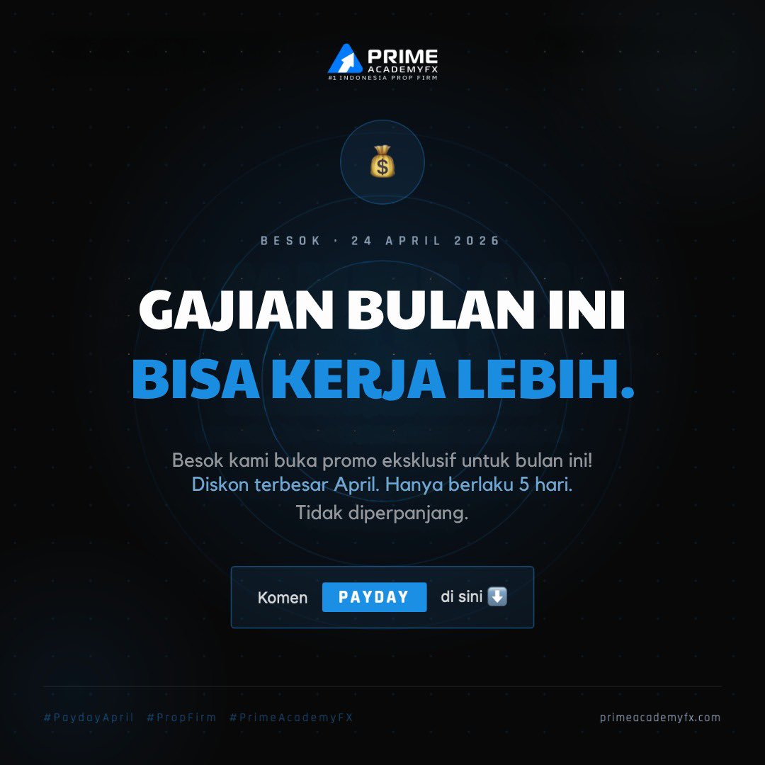 DombaEth27's tweet image. Gajian akhir April ?
Jangan langsung habis dulu. 

Besok, 24 April, kami buka sesuatu yang spesial promo terbesar bulan ini untuk kamu yang ingin mulai di funded trading.

• Berlaku hanya 5 hari.
• Tanpa perpanjangan.
• Paket funded trading siap digunakan.

Kalau kamu sudah