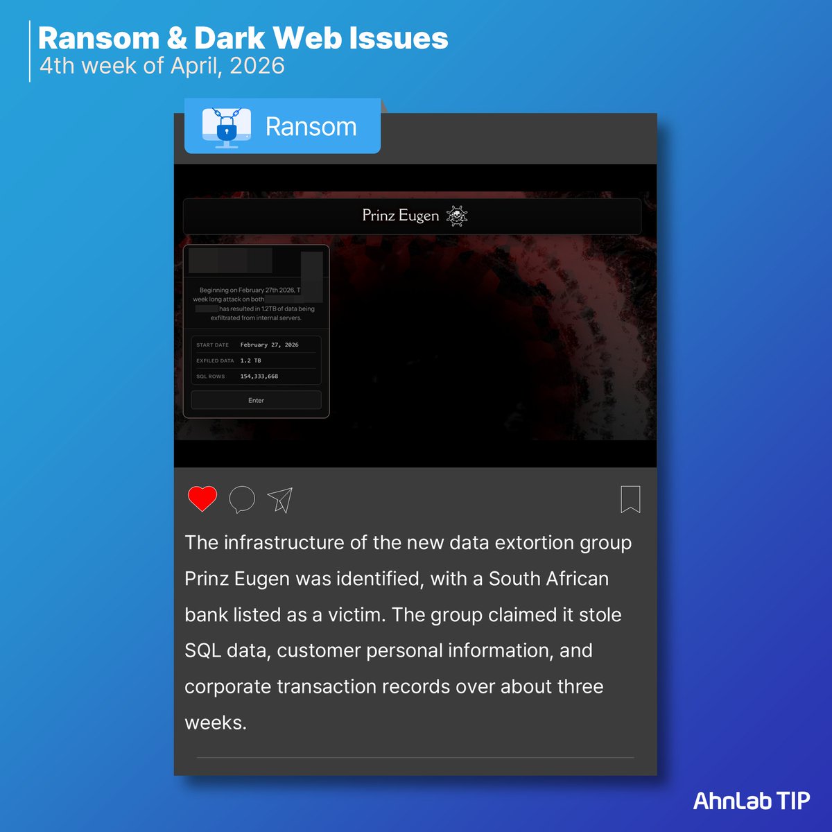 AhnLabGlobal's tweet photo. 📌 AhnLab TIP Weekly Report – 4th week of April📌

🏪 ShinyHunters claimed to have leaked data related to a U.S. convenience store chain

💻 ShinyHunters claimed to have leaked data and source code from a U.S. software firm

🔐 The infrastructure of the new data extortion group Prinz Eugen was identified

#Cybersecurity #Ransomware #TI