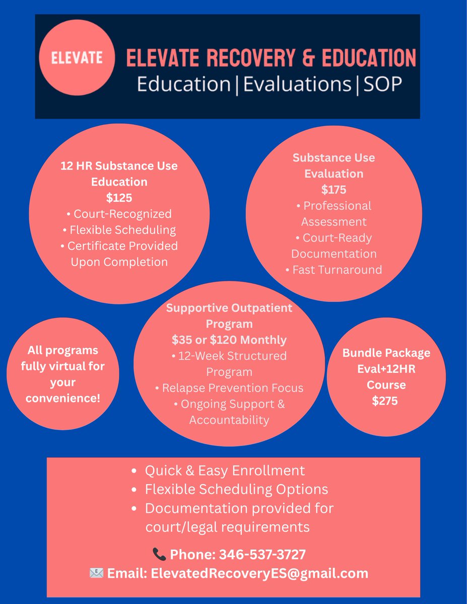 LyezaWicker's tweet photo. Long time no see!! 

I am officially launching my private practice, Elevate Recovery &amp; Education! 

Substance Use Education
Substance Use Evaluations
Supportive Outpatient Programs
All virtual! 
Documentation provided for court/legal needs as well! https://t.co/wjRdlSi9vk