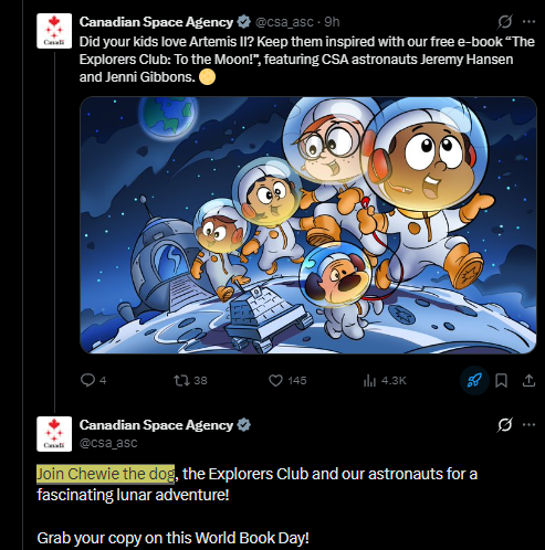 ChivalDev's tweet photo. The Canadian Space Agency named their mascot "Chewie the dog" and its features in their Artemis II book.  

https://t.co/sVzzM5o2mA https://t.co/yO6pEcrx3l