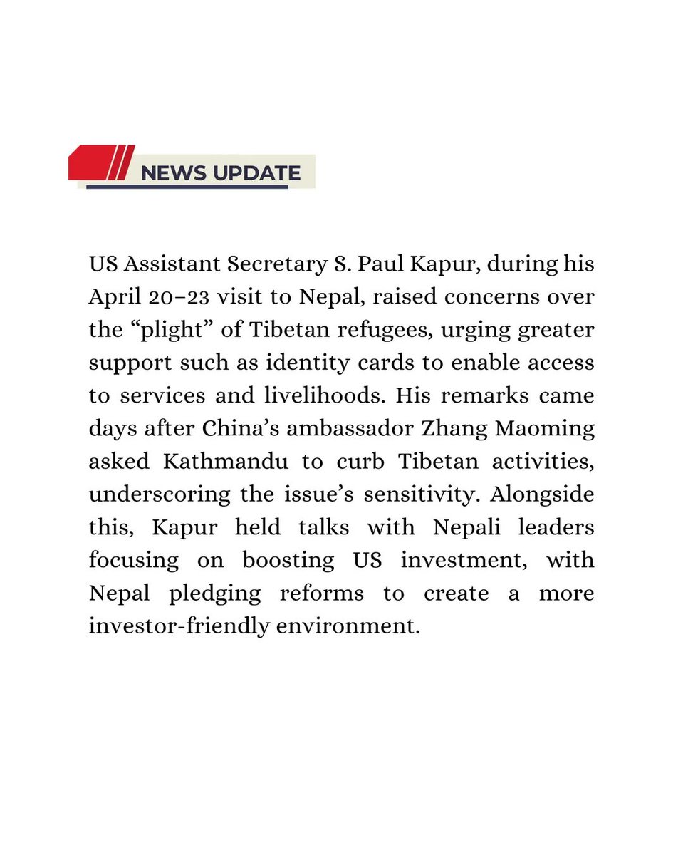 BodpaW's tweet photo. US official S. Paul Kapur has raised urgent concerns over Tibetan refugees in Nepal, calling for identity cards to unlock access to education, banking, and livelihoods. Despite humanitarian support, many Tibetans remain in legal and economic limbo. 

The issue grows more sensitive as Beijing pressures Kathmandu to restrict Tibetan activity, exposing the geopolitical weight carried by refugee lives. 

Behind diplomacy are real people facing uncertainty, limited rights, and shrinking space. The world must not ignore Tibetans living in exile. 

#Tibet #TibetanRefugees #HumanRights #Nepal #Geopolitics #FreeTibet #RefugeeRights