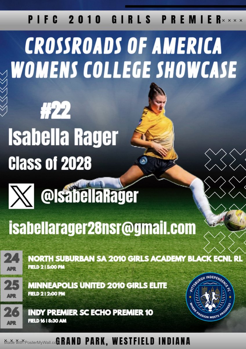 IsabellaRager's tweet photo. Heading to Crossroads this weekend with my Pittsburgh Independence FC 2010 Girls Team! Check out my schedule below! #crossroads #showcase https://t.co/7Sx2cZkseL