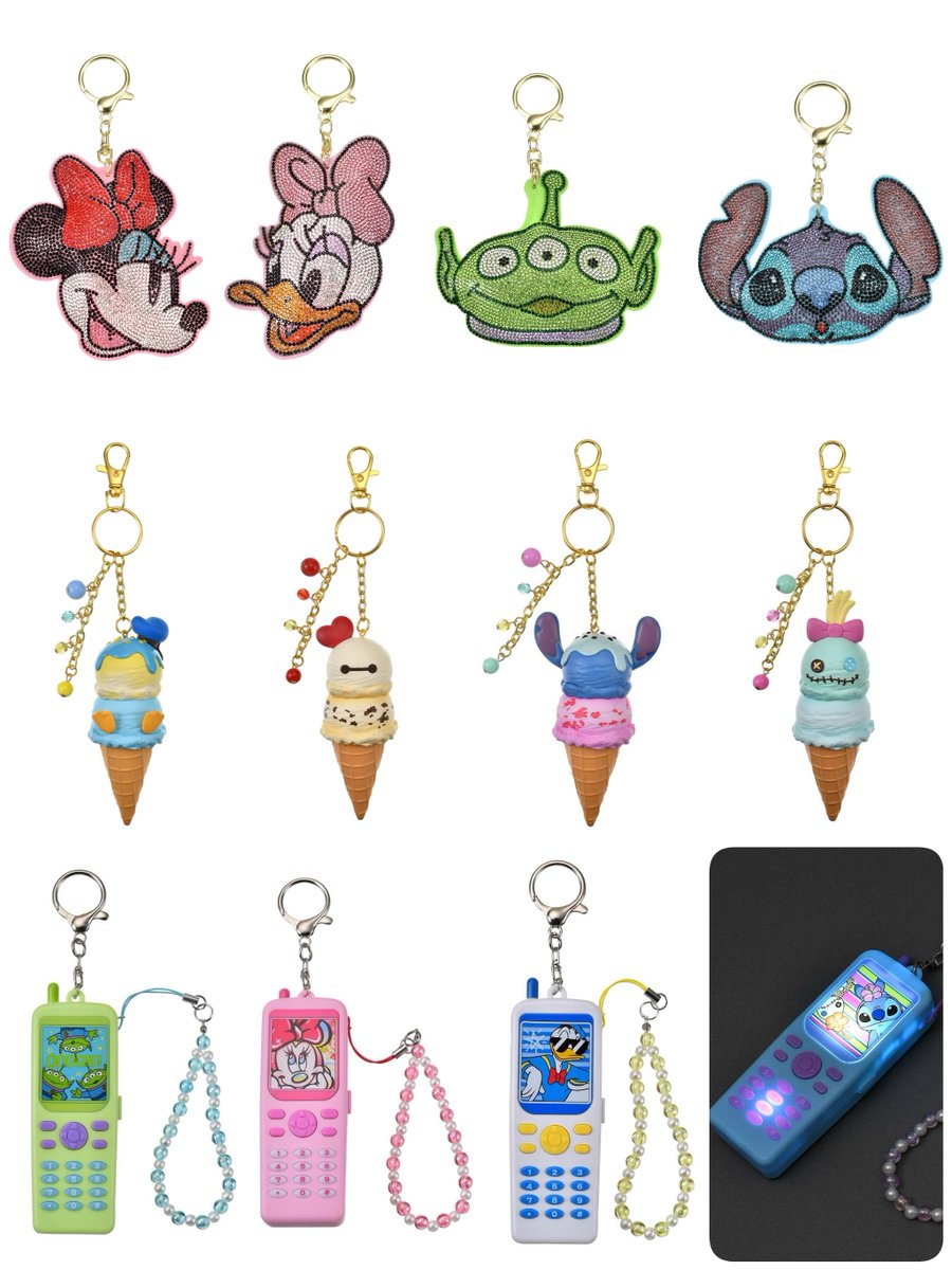 tdr_415's tweet image. ━━━━━━━━━━━━
#ディズニーストア
「キーチェーン/キーホルダー」
✎𓂃4月28日　販売開始

ぎらぎらなラインストーンデコ、2段重ねのアイスクリーム、
5種のボイスを搭載した、光るトーキングキーホルダーが登場！

store.disney.co.jp/search/?q=Key+…
#Disney