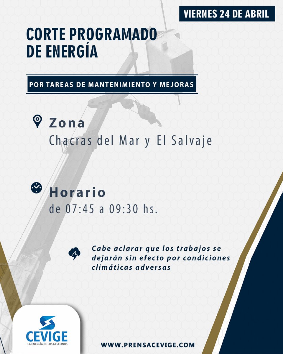 Corte programado para el 24/04/2026 💡🔧🔩

#Corteprogramado #Cevige #Electricidad #Mantenimiento #Energía