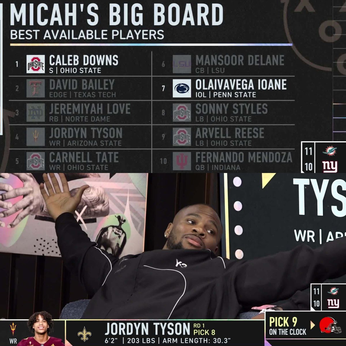 BleacherReport's tweet photo. Micah Parsons has gone 8/8 on his NFL draft big board 🤯

Watch live: https://t.co/EUOBZ38Ygj https://t.co/hKiCv42fdQ
