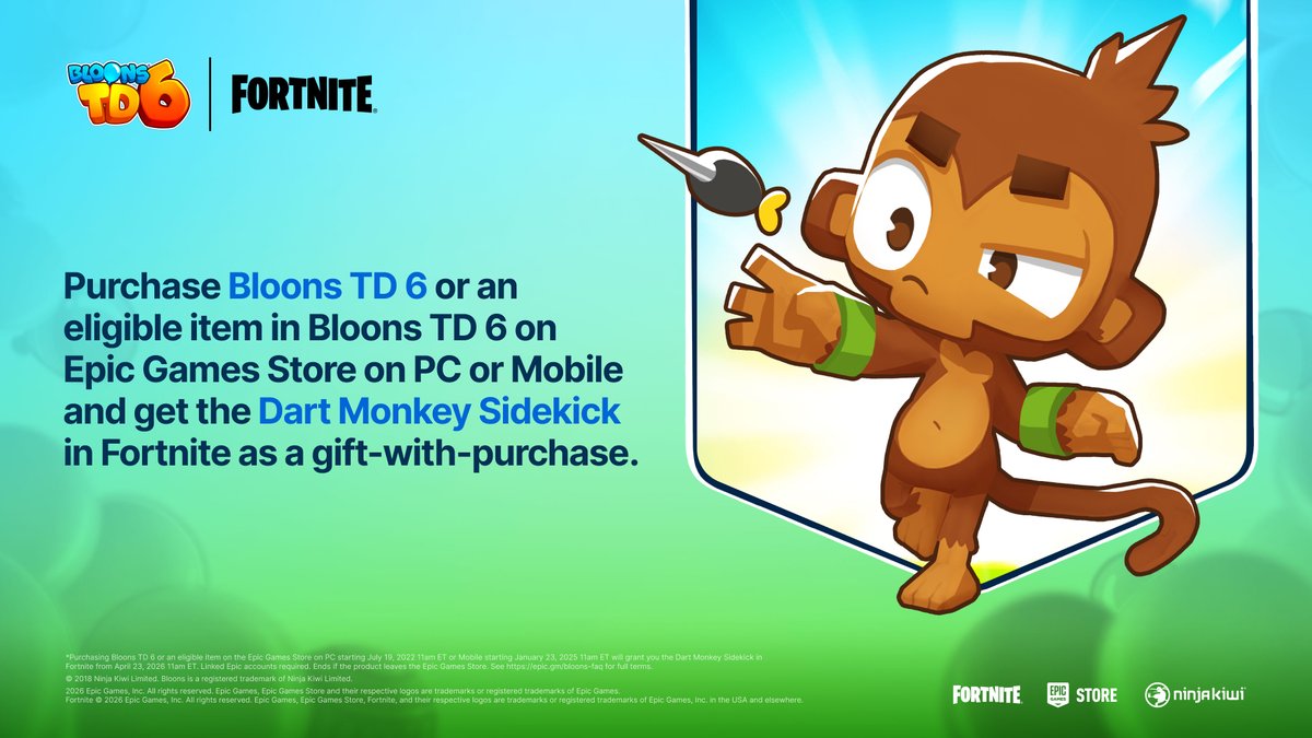 iannzits's tweet photo. 🎈 FORTNITE | BLOONS TD 6 — Todos que comprarem o jogo ‘Bloons TD 6’ por R$ 49,99 (PC) ou R$ 18,89 (Mobile) na Epic Games Store receberão o Mascote Macaco Dardo no Fortnite!

Se você já tinha comprado o jogo ou um item elegível nele, também receberá.

🔗 https://t.co/Rk8qnaV1UN https://t.co/cOSEYJR1U9