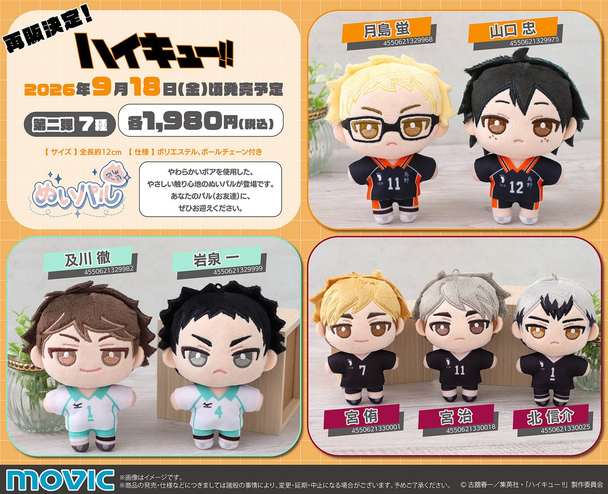 2026年9月18日頃発売予定【再販】

ハイキュー!! ぬいパル（ぬいぐるみマスコット）第一弾／第二弾 

▼アニメイトで予約開始！
goods.liblo.jp/archives/26898…