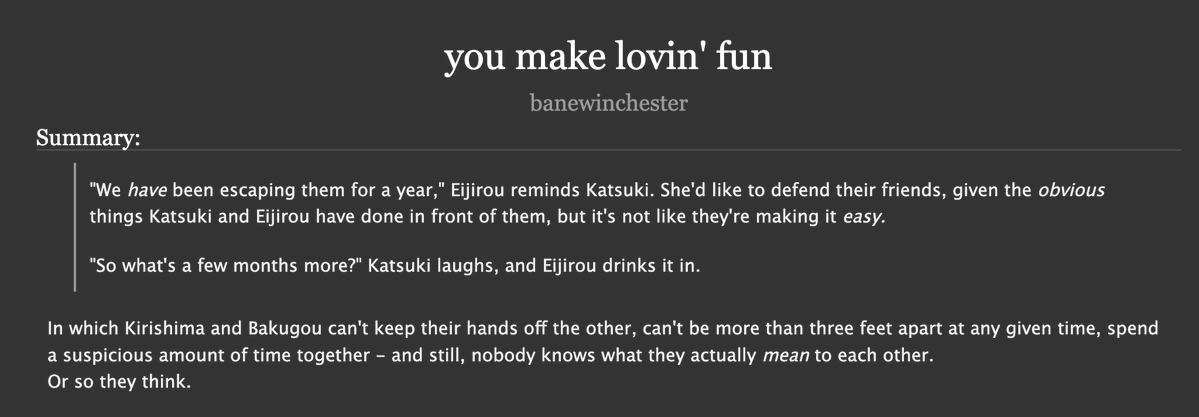 you make lovin' fun 
#krbk #bkkr 

- E, 6k, krbk, fem kirishima x fem bakugou
- pro heroes, relationship reveal, fluff and nsfw and bakusquad and idk. check tags. krbk yuri nation. enjoy

for my beautiful <a href="/aloeralore/">aloe 🌸</a> <3
ao3.org/works/83657151