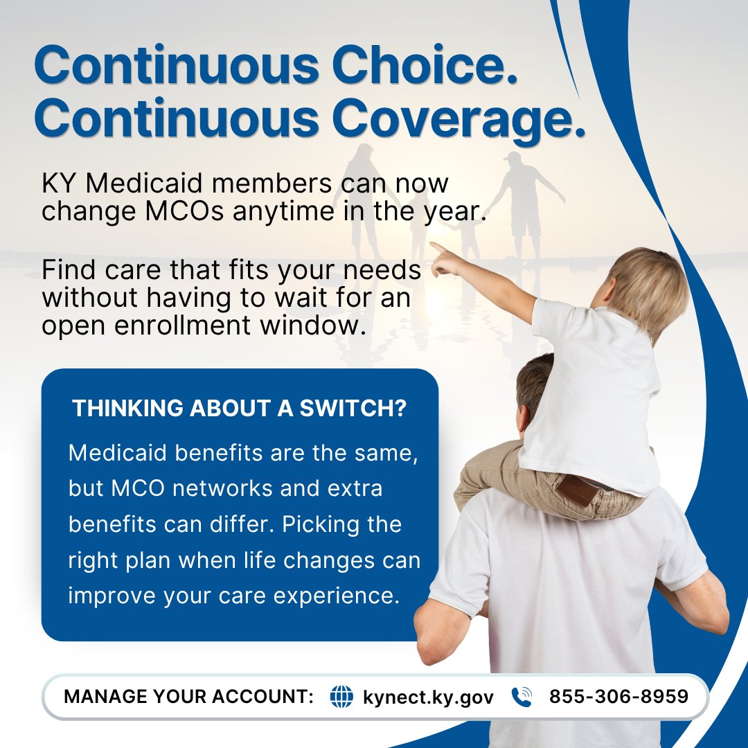 kyvoices4health's tweet image. Remember that Medicaid members can now switch MCOs anytime, no longer limited by a set #OpenEnrollment period. Whether it’s finding a provider closer to home, accessing new services, or choosing a plan that better fits your family... you can switch your plan as your needs change.