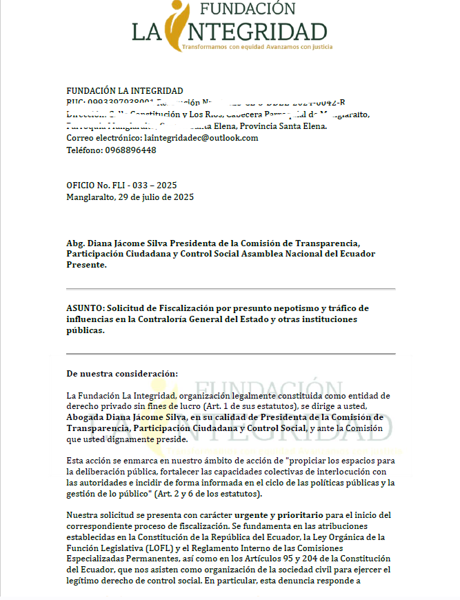 mejoresdiasEC's tweet photo. "Yo estoy cumpliendo", dice  @dianajacome, irónicamente, presidenta de la Comisión de Participación Ciudadana de la #AsambleaNacional.

Le pregunto, asambleísta y conocedora del derecho:

Por qué desde hace NUEVE meses usted ni siquiera contesta mi solicitud de fiscalización por presunto nepotismo y tráfico de influencias en la #Contraloría General del Estado y otras instituciones públicas?

https://t.co/OgXCJ89Ix4

Qué le da el derecho de vulnerar mis derechos?

Qué le da el derecho de violar la Constitución?

Y con quién está cumpliendo, asambleísta? 

Porque con el pueblo y con la ley, claramente NO es.

#Contralor #NuevaContraloria #NuevoEcuador #Asambleista #Asamblea #Ecuador #DianaJacome