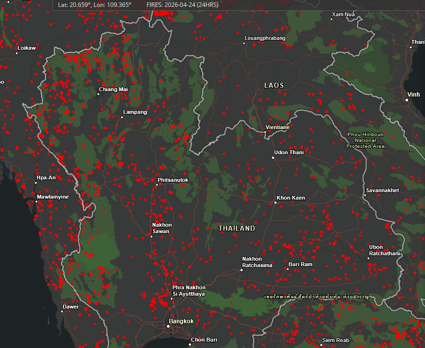 HelmutDuerrast's tweet image. 24 Apr 26  
#FIRES  in #Thailand over last 24 hours (!) and last 7 days (!) as main source of #PM25 #AirPollution outside bigger cities #Bangkok via firms.modaps.eosdis.nasa.gov   

&amp;gt;Green=protected areas  
&amp;gt;ALL FIRES are man-made  
&amp;gt;With CLOUDS less detection  
&amp;gt;A Land on 🔥 🔥🔥