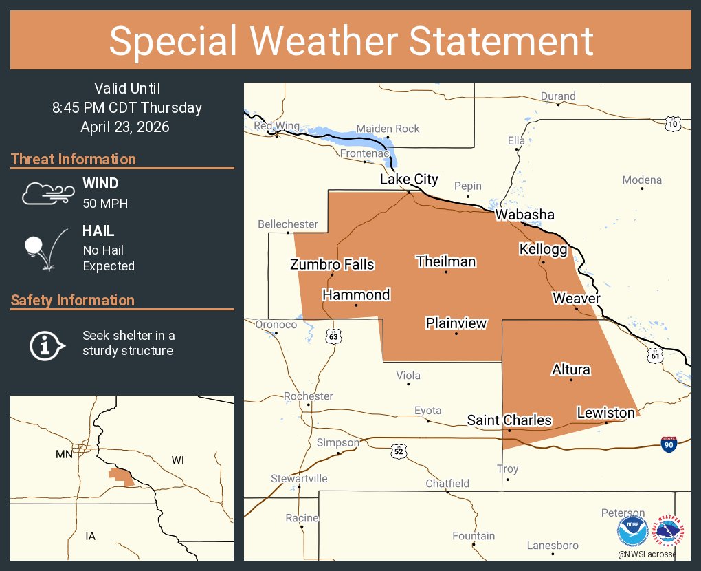 NWSLaCrosse's tweet image. A special weather statement has been issued for Lake City MN, Saint Charles MN and  Plainview MN until 8:45 PM CDT