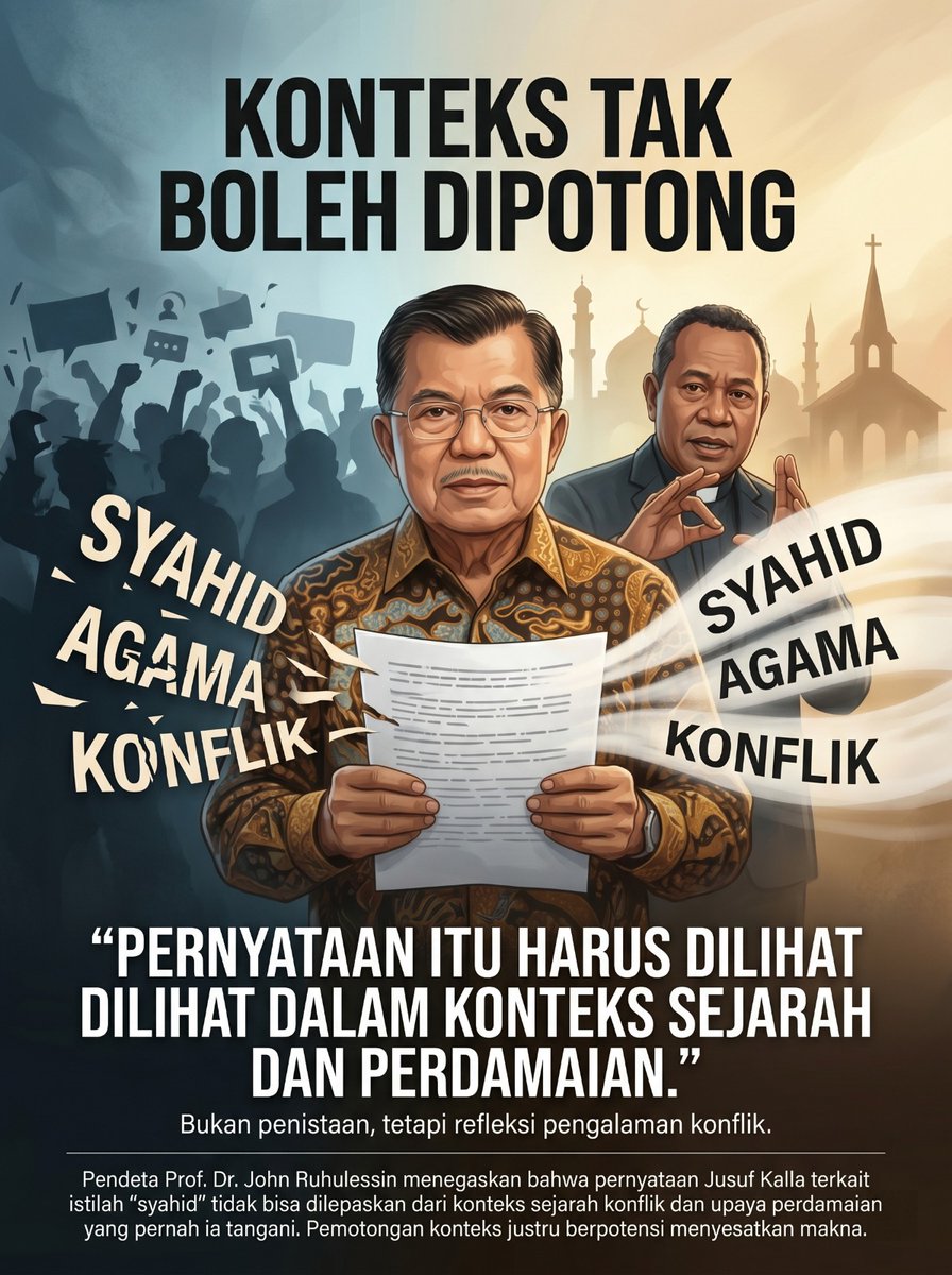 Pernyataan pak JK harus dilihat dalam konteks sejarah dan perdamaian yang pernah beliau tangani. Itu bukan penistaan namun pengalaman konflik. Mari cerdas dalam merespon informasi yang beredar. Selalu cek dan ricek kebenarannya. Jangan mudah terhasut emosi
#JuruDamai
#JusufKalla