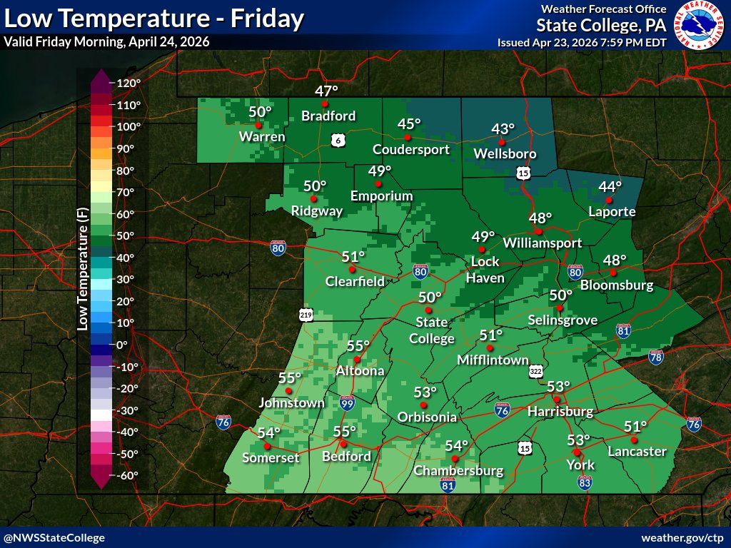 NWSStateCollege's tweet image. Tonight:
 ☁️🌙 Seasonally mild with increasing clouds. Lows in the 40s &amp;amp; 50s.

Friday:
⛅ 🌡️ Partly sunny and warm with highs ranging from the lower 60s (NE) to the upper 70s (SW).
🌦️ Spotty AM showers, then scattered PM thundershowers, primarily over west-central PA.

#pawx